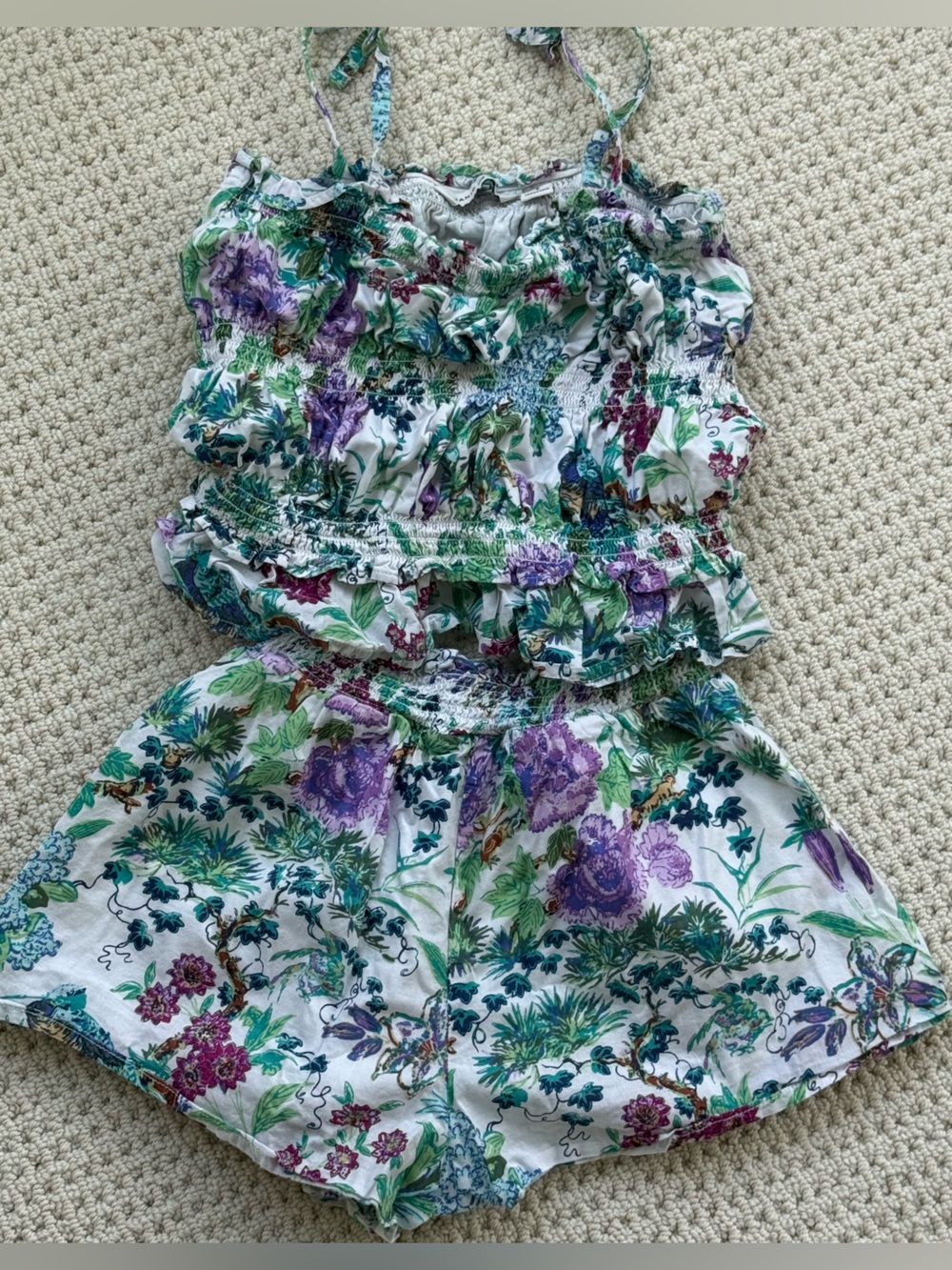 Floral Smocked Crop Top and Skirt Set - Purple & Green Print